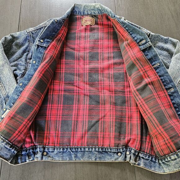 Vtg Levis 70417 9319 Blue Acid Wash Trucker Jacket Buffalo Plaid Lined Size M - Picture 13 of 14